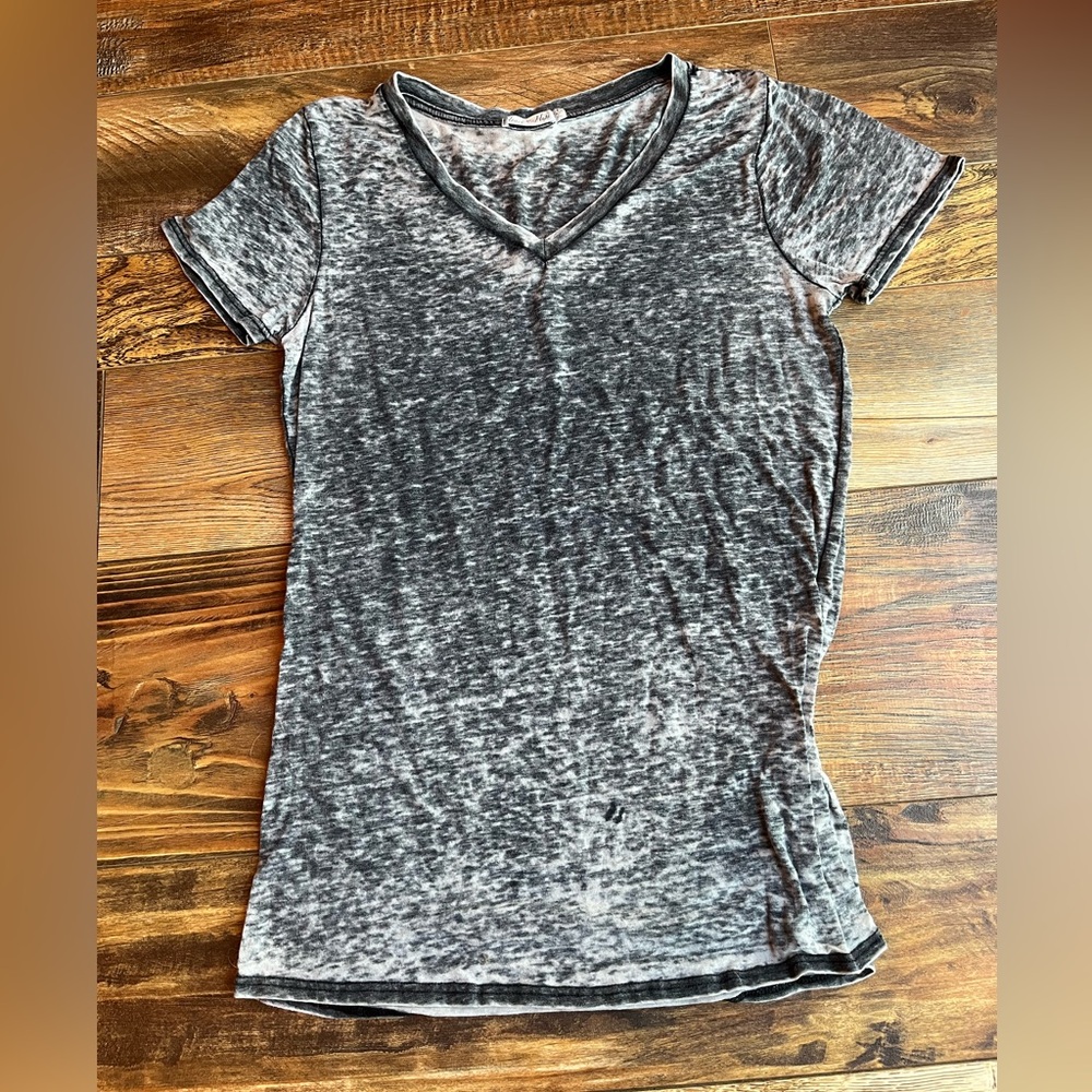 Heart and Hips ladies size small, gray and white, v-neck distressed look T-shirt